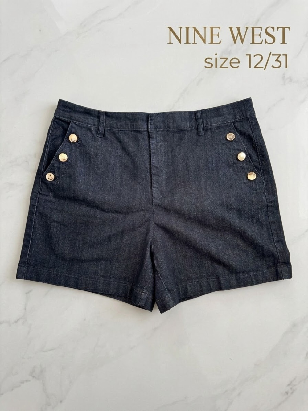 NINE WEST Jeans Women’s Dark Wash Navy Denim Sailor Shorts Gold Buttons 12/31